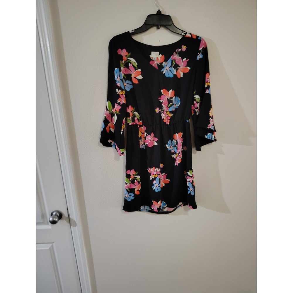 A New Day Floral Mini‎ Dress Black Multicolor Bell Sleeve V-Neck XS